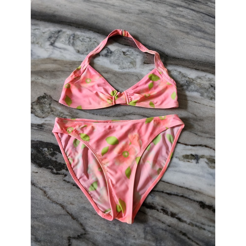 Vintage Y2K Floral Halter Bikini Set High‎ Rise Neon Peach Retro